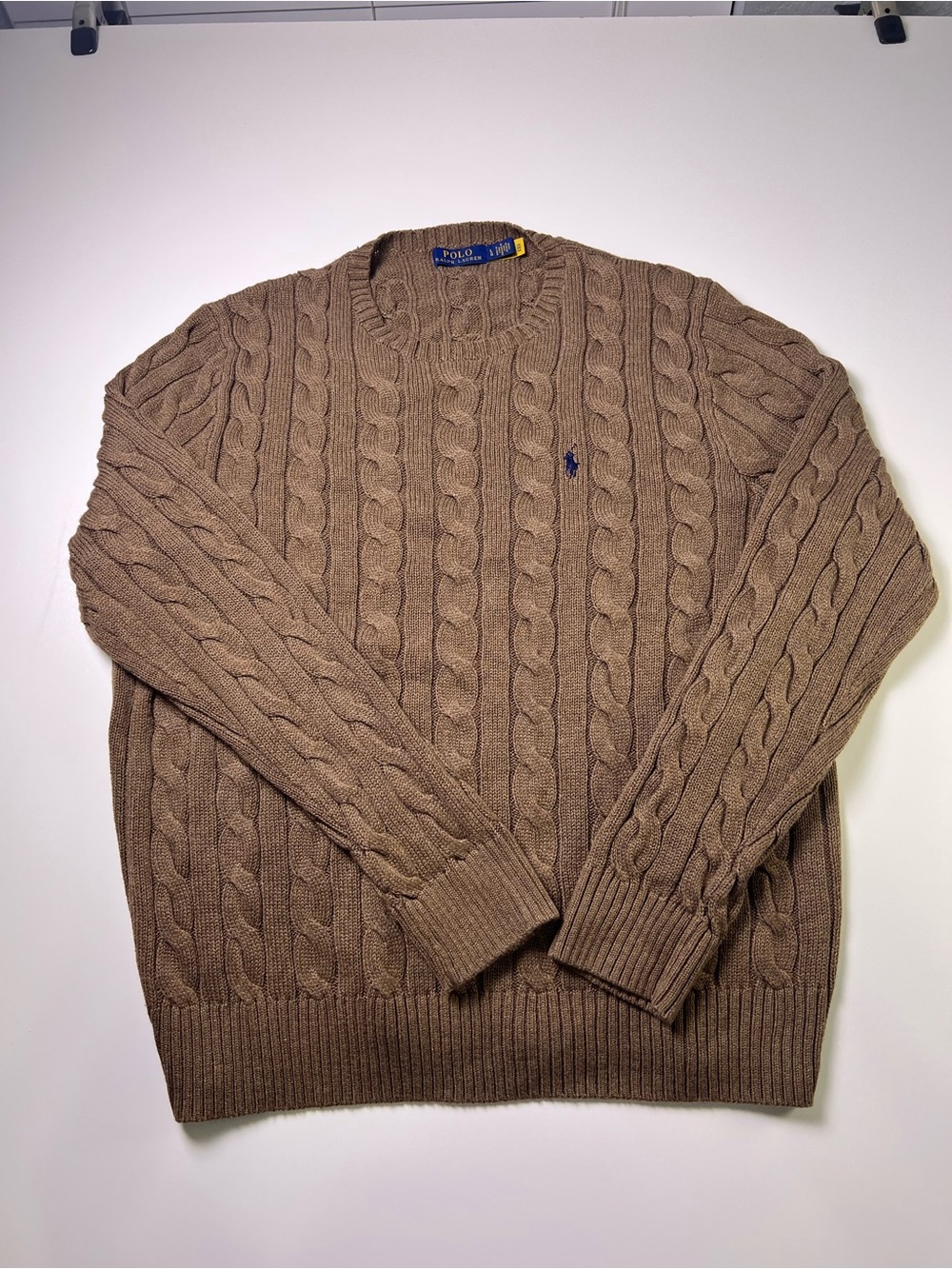 Polo by Ralph Lauren Brown Cable-Knit Crewneck Sweater with Navy Pony